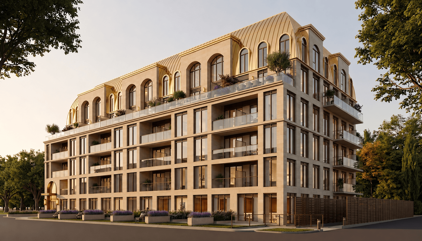 The Bridle Estate at dusk — limestone facade and golden mansard roof on Country Lane